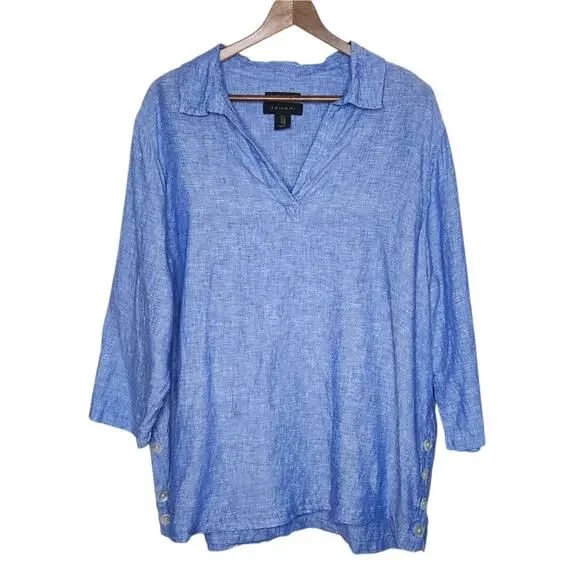 Tahari Blue Linen 3/4 Sleeve Top Women's Size 1X - Picture 1 of 5